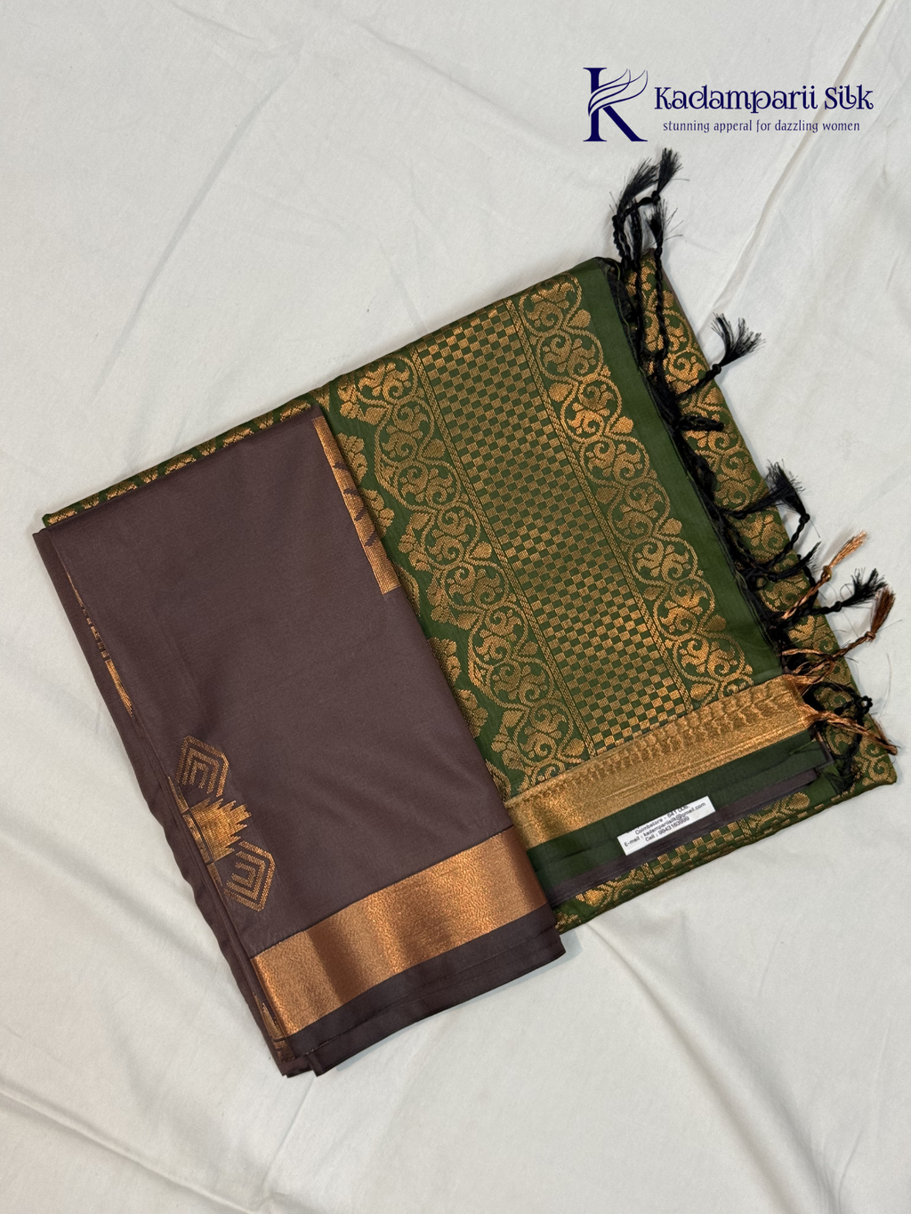 Kadamparii Silk taupe brown semi soft silk saree with olive green zari woven pallu, intricate checkered and floral vine motifs, copper gold zari border, elegant tassels, and traditional festive design.