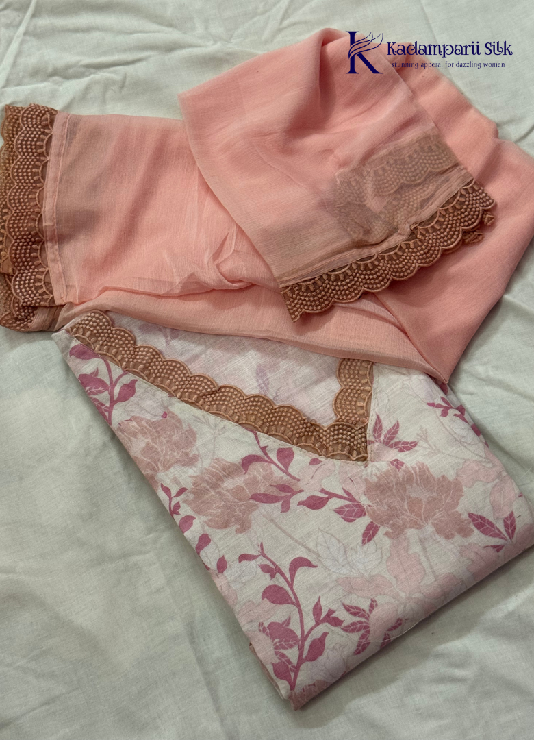 Light Pink Floral Printed Salwar Material with Scallop Lace Neck Design