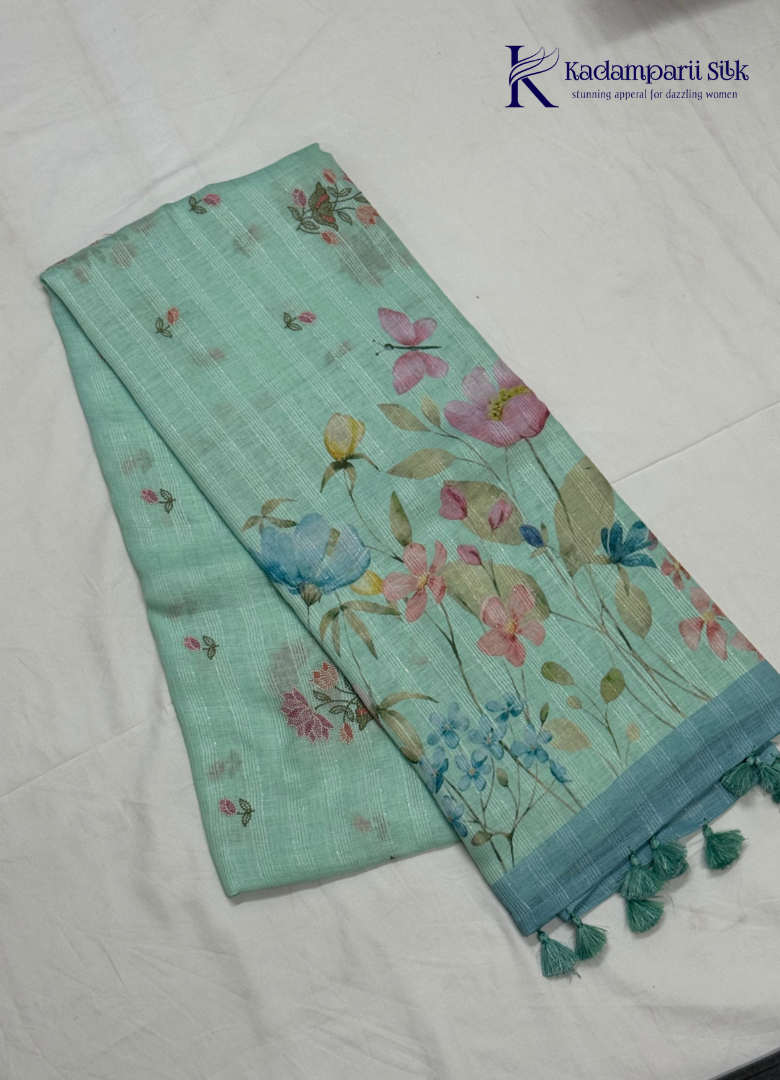 Meadow Breeze Seafoam Green & Butterfly Motif Linen-Silk Saree
