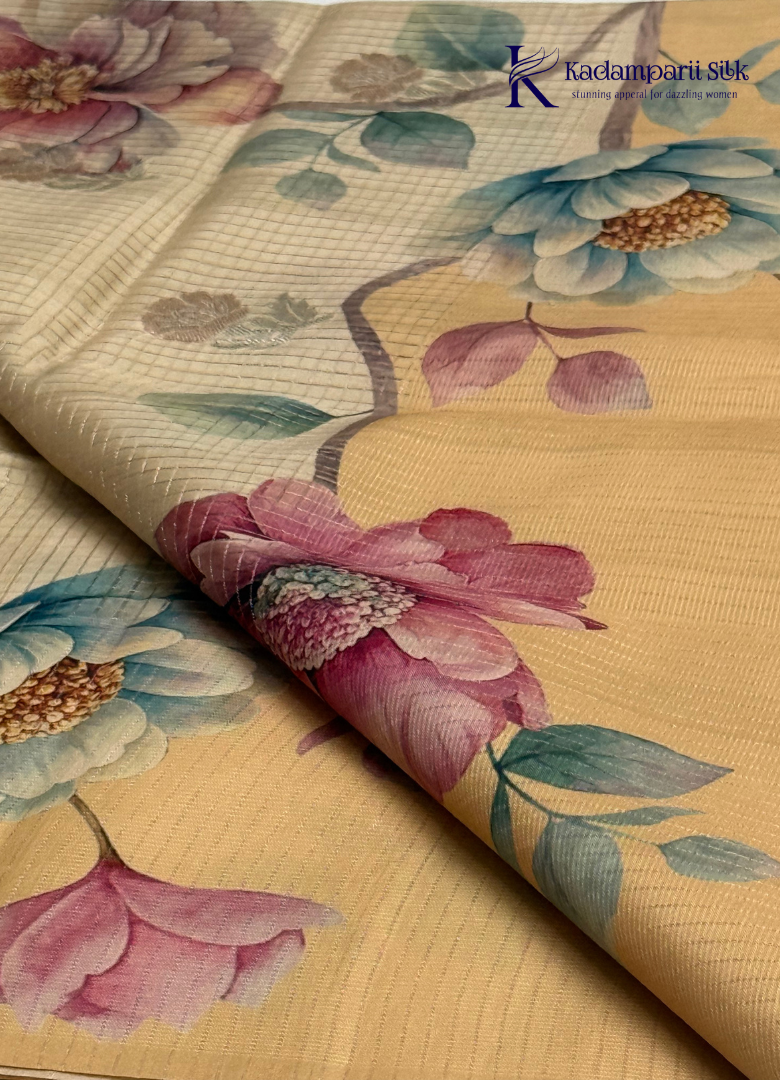 Pastel Bloom Cream & Coral Pink Floral Organza Silk Saree with Zari Stripes