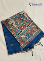 Royal Blue Semi Tussar Silk Saree with Multicolour Kalamkari-Inspired Printed Pallu
