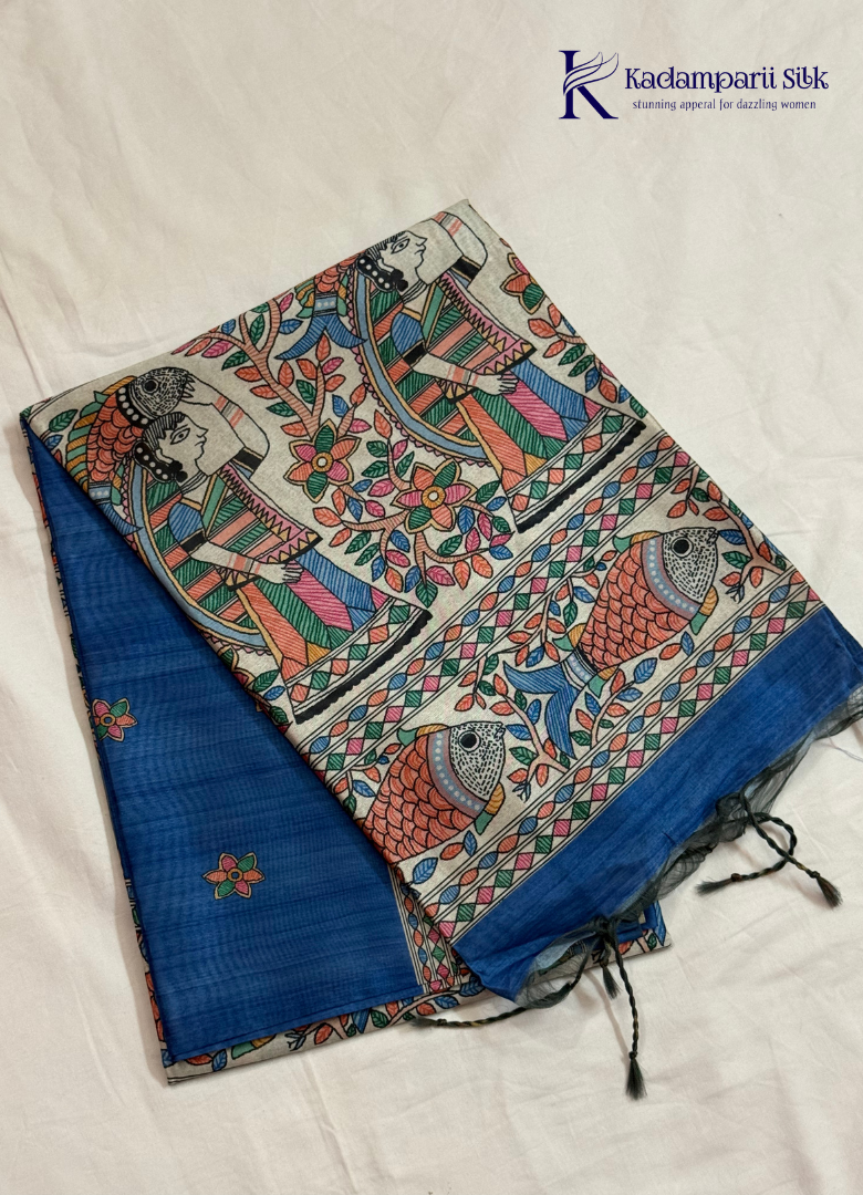 Royal Blue Semi Tussar Silk Saree with Multicolour Kalamkari-Inspired Printed Pallu