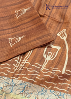 Semi Tussar Silk Saree with Handcrafted Lotus Print & Artistic Border