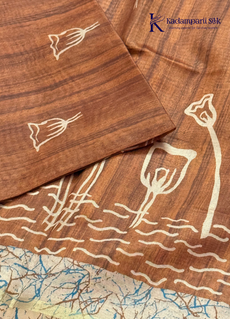 Semi Tussar Silk Saree with Handcrafted Lotus Print & Artistic Border