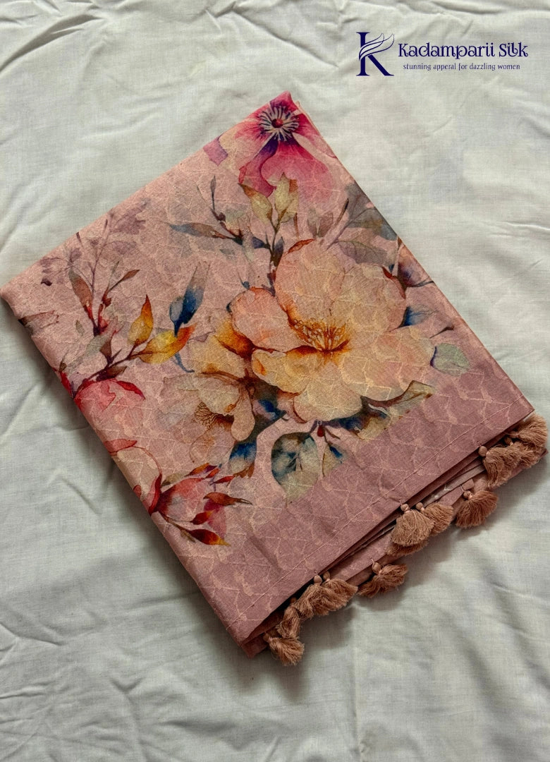 Soft Tussar Silk Saree with Watercolor Floral Digital Print