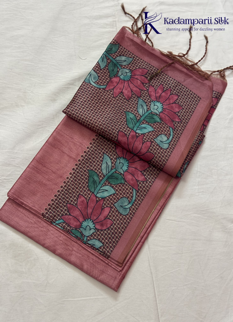 Kadamparii Silk rose pink semi tussar silk saree with floral printed mundhi and elegant border, displayed on a white background.