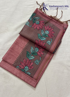 Kadamparii Silk rose pink semi tussar silk saree with floral printed mundhi and elegant border, displayed on a white background.