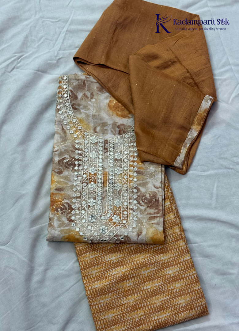 Cream Floral Printed Salwar Material with Heavy Embroidered Neck Work