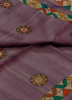 Kadamparii Silk lavender semi tussar silk saree with artistic printed mundhi, floral leaf motifs, and multicolour border, displayed on a white background.