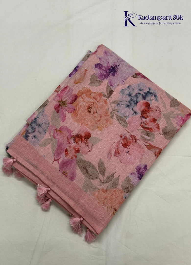 Vintage Romance Blush Pink & Lavender Floral Linen-Silk Saree