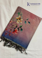 Dusty Rose Floral Digital Print Semi Tussar Silk Saree with Ombre Blue Pallu & Tassels