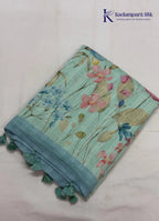 Meadow Breeze Seafoam Green & Butterfly Motif Linen-Silk Saree