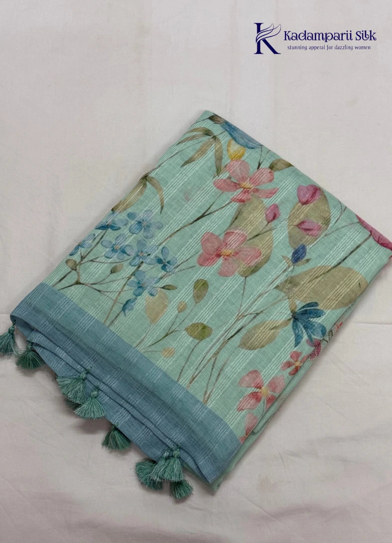 Meadow Breeze Seafoam Green & Butterfly Motif Linen-Silk Saree