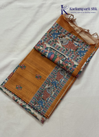 Kadamparii Silk mustard semi tussar silk saree with artistic printed mundhi and colourful floral traditional motifs, displayed on a white background.