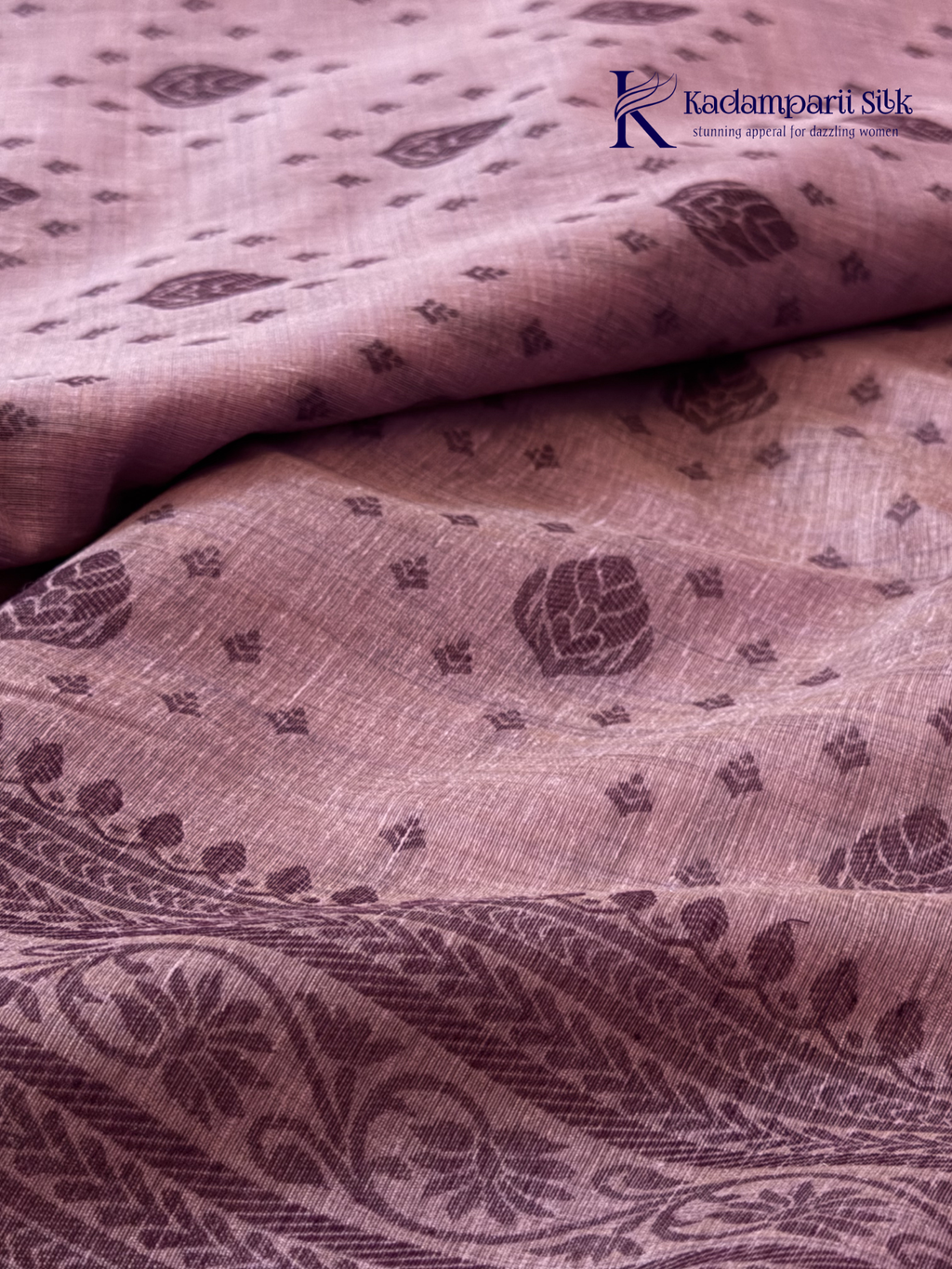 Kadamparii Silk lavender khadi cotton saree with delicate woven traditional motifs, intricate ethnic border design, soft breathable fabric, elegant minimal style, and comfortable everyday ethnic wear.