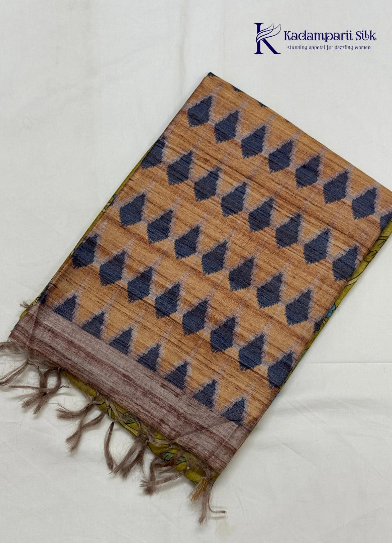 Botanical Heritage Olive Green & Rust Kalamkari Printed Silk Saree