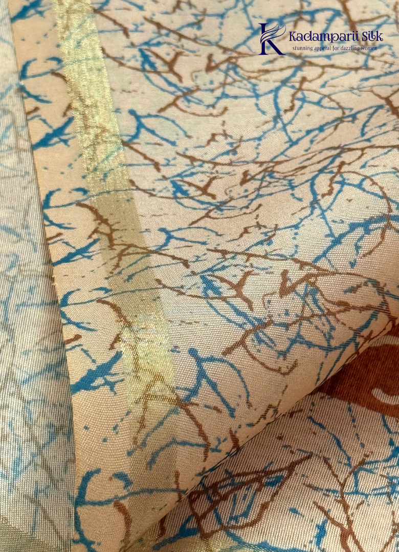 Semi Tussar Silk Saree with Handcrafted Lotus Print & Artistic Border