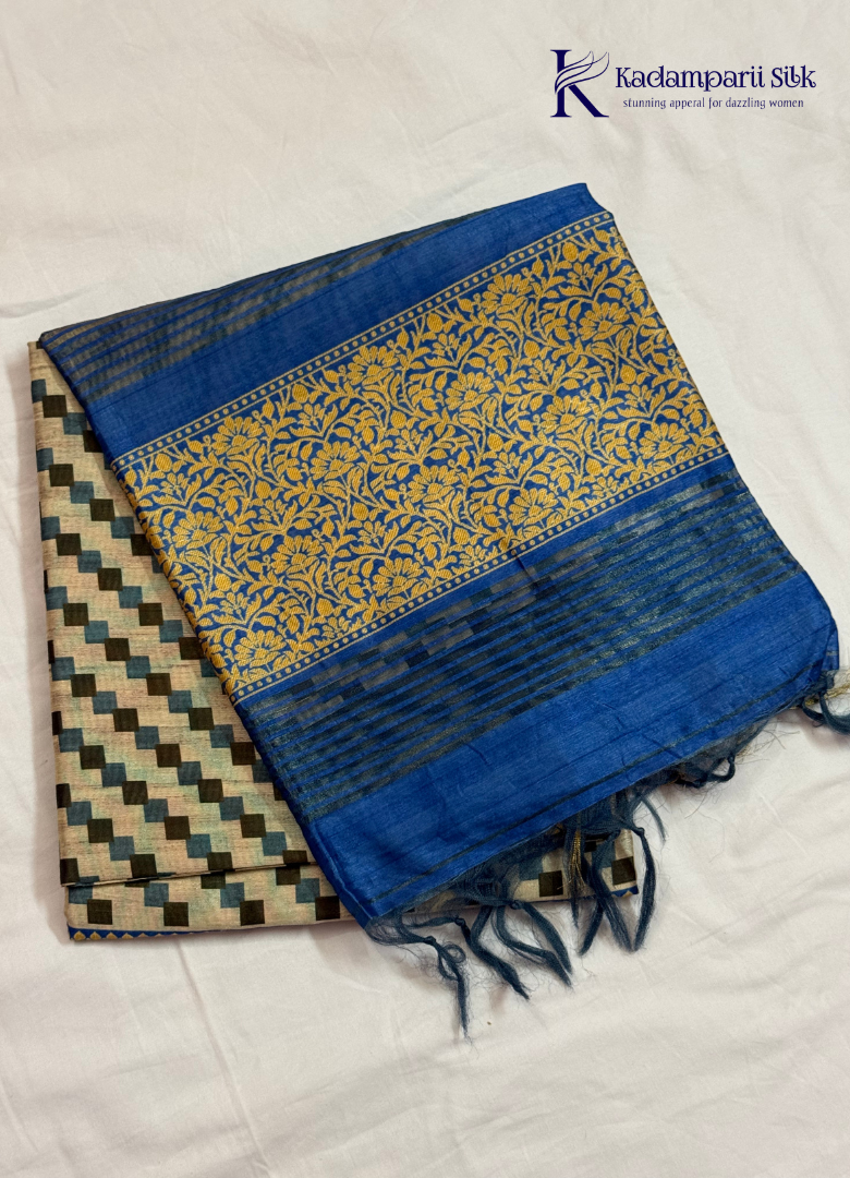 Cream & Royal Blue Geometric Weave Saree
