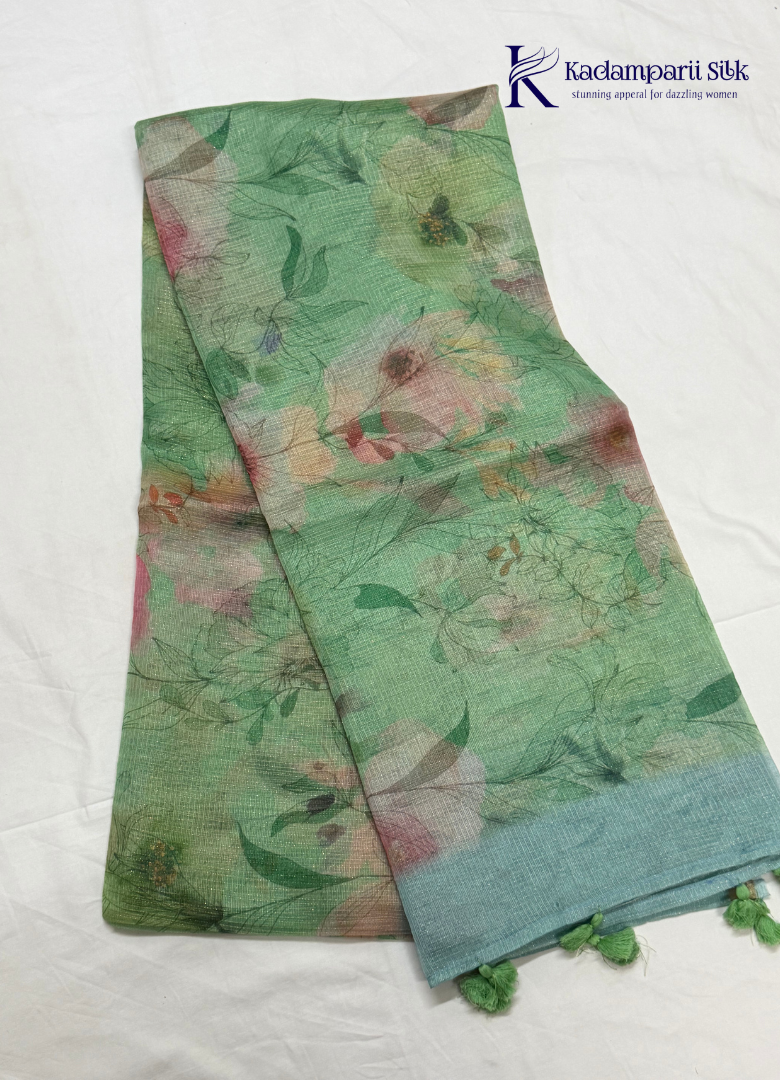 Enchanted Garden Emerald Sage Green Digital Floral Organza Saree
