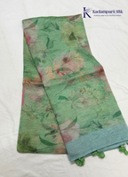 Enchanted Garden Emerald Sage Green Digital Floral Organza Saree