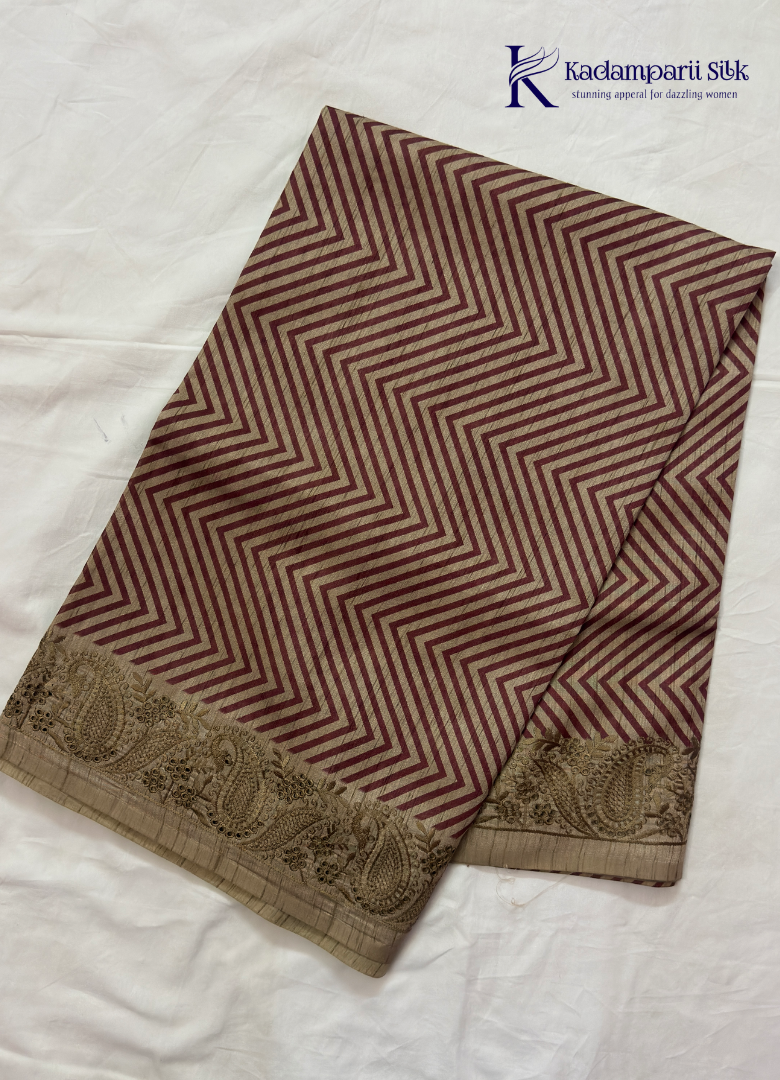 Kadamparii Silk beige tussar silk saree with maroon chevron design and decorative border, displayed on a white background.
