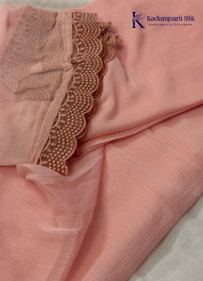 Light Pink Floral Printed Salwar Material with Scallop Lace Neck Design