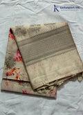 Beige Linen Silk Saree with Artistic Couple Print & Traditional Woven Border