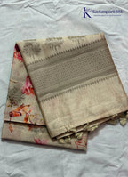 Beige Linen Silk Saree with Artistic Couple Print & Traditional Woven Border