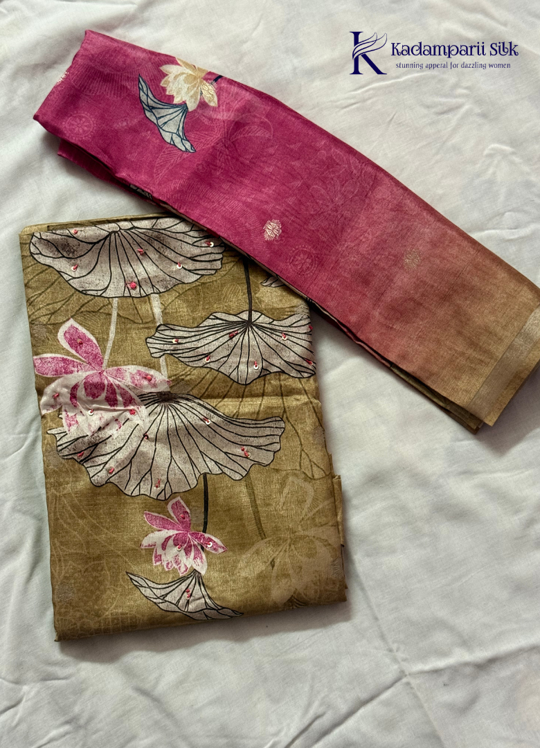 Olive Green Floral Printed Sequins Salwar Material with Lotus Leaf Design