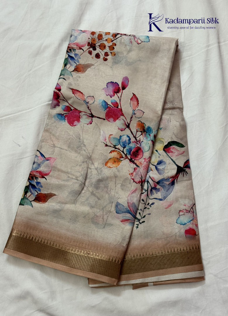 Kadamparii Silk cream soft tussar silk saree with floral digital print and contrast border, displayed on a white background.