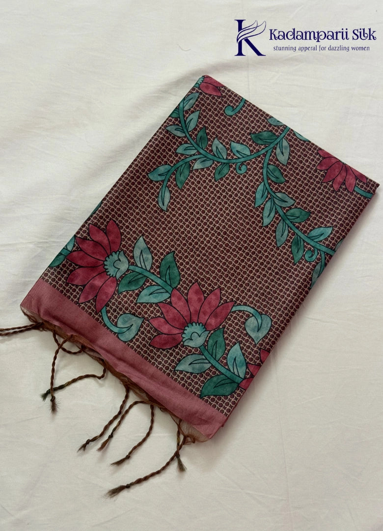 Kadamparii Silk rose pink semi tussar silk saree with floral printed mundhi and elegant border, displayed on a white background.