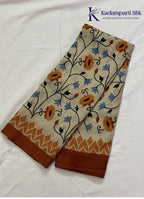 Cream Floral Vine Fancy Saree with Contrast Rust Border