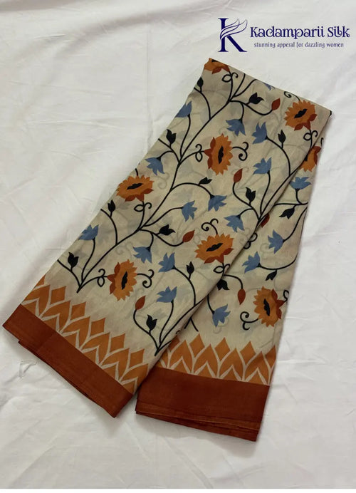 Cream Floral Vine Fancy Saree with Contrast Rust Border