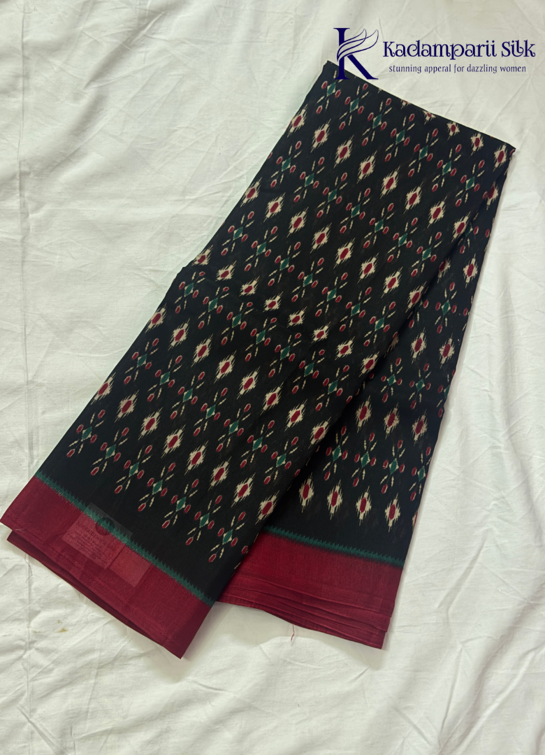 Kadamparii Silk black soft semi tussar silk saree with woven pattern and contrast border, displayed on a white background.
