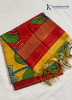 Mustard & Crimson Red Madhubani Lotus Saree