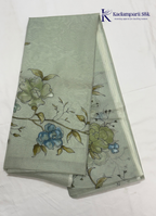 Serene Canopy Misty Sage Green Watercolor Floral Silk Saree