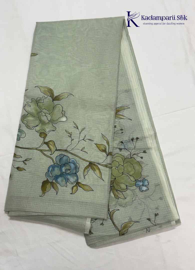 Serene Canopy Misty Sage Green Watercolor Floral Silk Saree