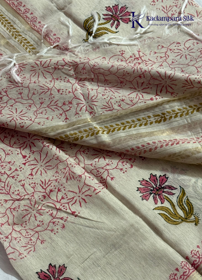 Off-White Floral Hand-Block Print Salwar Set with Woven Zari Dupatta