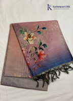 Dusty Rose Floral Digital Print Semi Tussar Silk Saree with Ombre Blue Pallu & Tassels