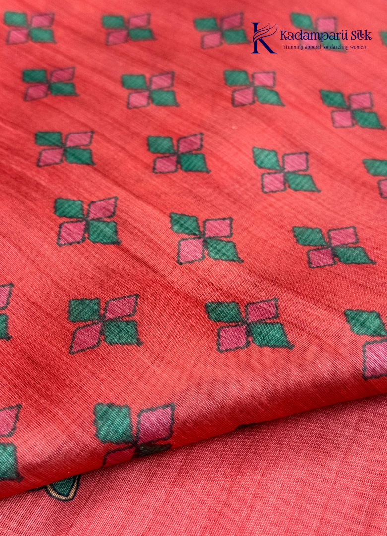 Coral Red Semi Tussar Silk Saree with Kalamkari-Inspired Fish & Floral Printed Pallu