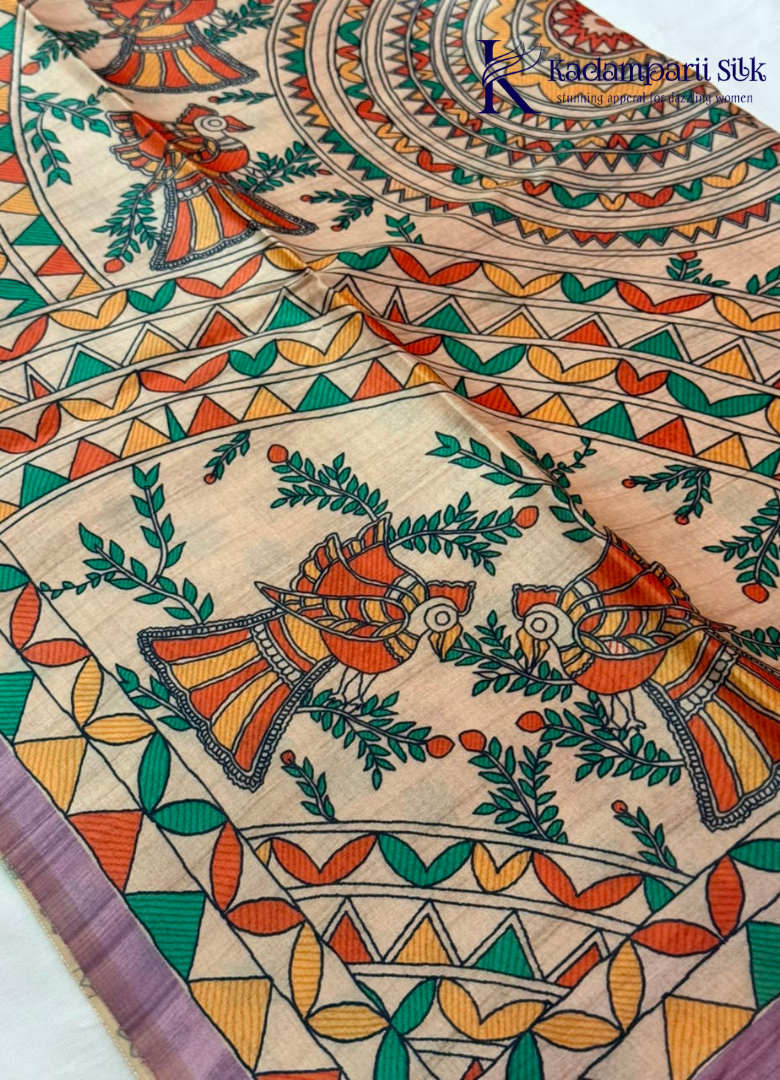 Kadamparii Silk lavender semi tussar silk saree with artistic printed mundhi, floral leaf motifs, and multicolour border, displayed on a white background.