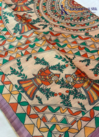 Kadamparii Silk lavender semi tussar silk saree with artistic printed mundhi, floral leaf motifs, and multicolour border, displayed on a white background.