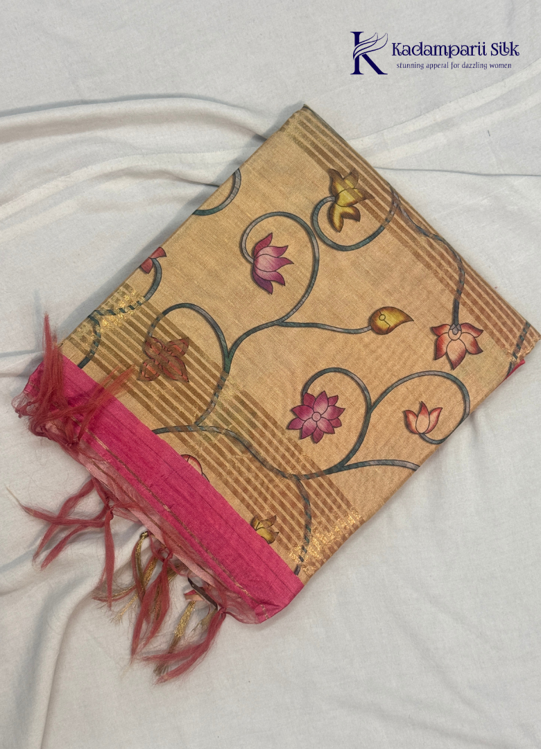 Brown & Pink Soft Tussar Silk Saree with Lotus Butta & Contrast Border