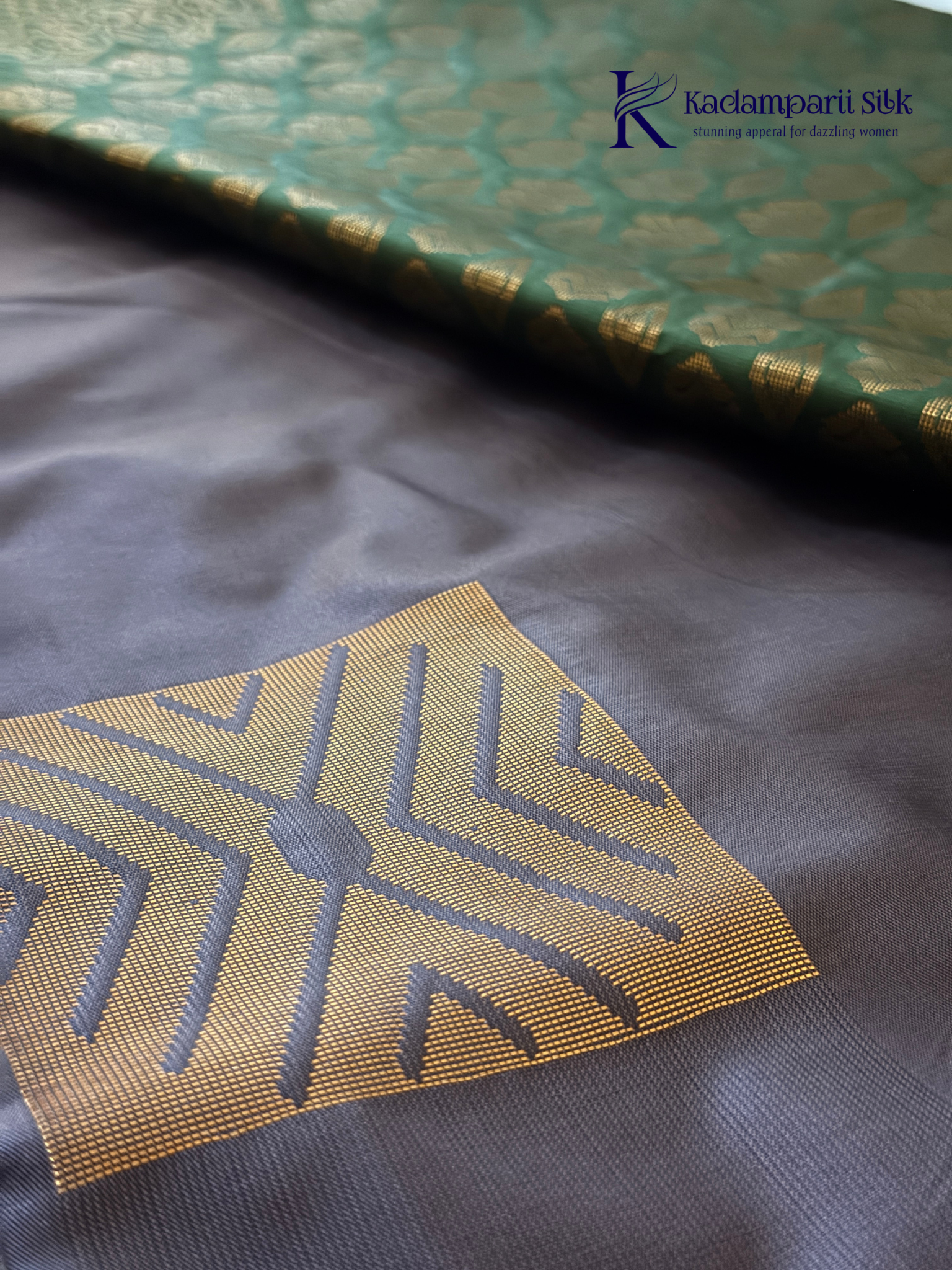 Kadamparii Silk taupe brown semi soft silk saree with olive green zari woven pallu, intricate checkered and floral vine motifs, copper gold zari border, elegant tassels, and traditional festive design.