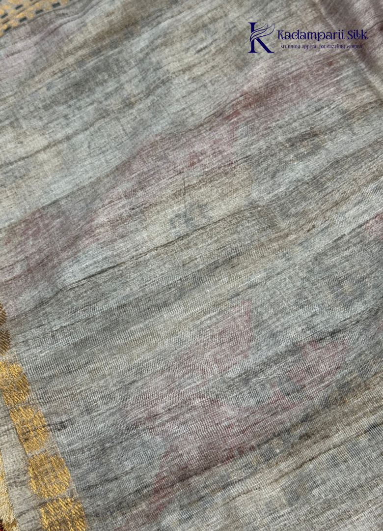 Heritage Canvas Sand Gold & Slate Grey Kalamkari Print Tussar Silk Saree