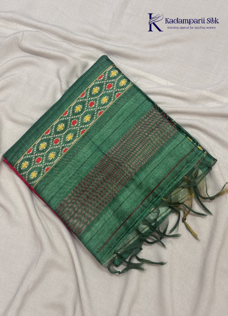 Soft Tussar Silk Saree with Contrast Pink Body & Traditional Ikat Border
