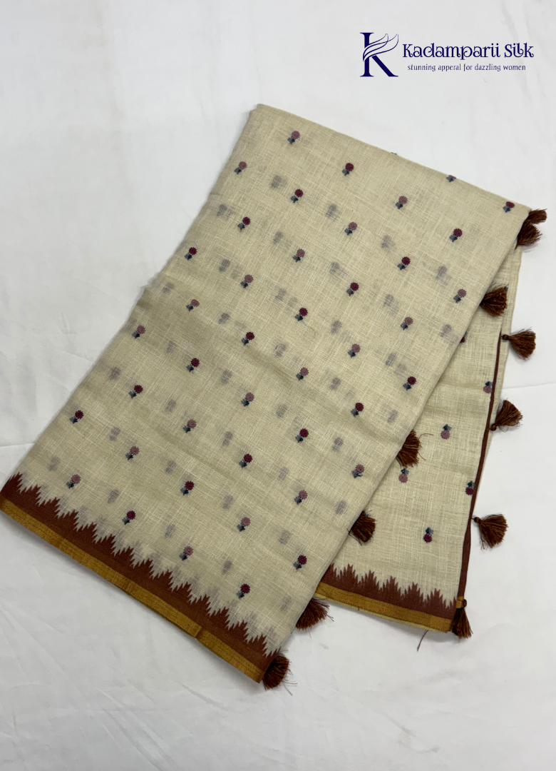 Jute with hand work Earthy Elegance Ivory & Chocolate Brown Booti  Saree with Temple Border