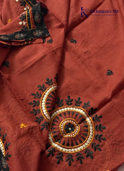 Classic Black Kalamkari Cotton Salwar Set with Rust Orange Embroidered Dupatta