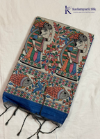 Royal Blue Semi Tussar Silk Saree with Multicolour Kalamkari-Inspired Printed Pallu