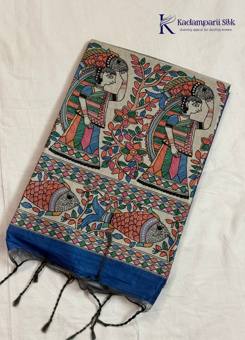 Royal Blue Semi Tussar Silk Saree with Multicolour Kalamkari-Inspired Printed Pallu